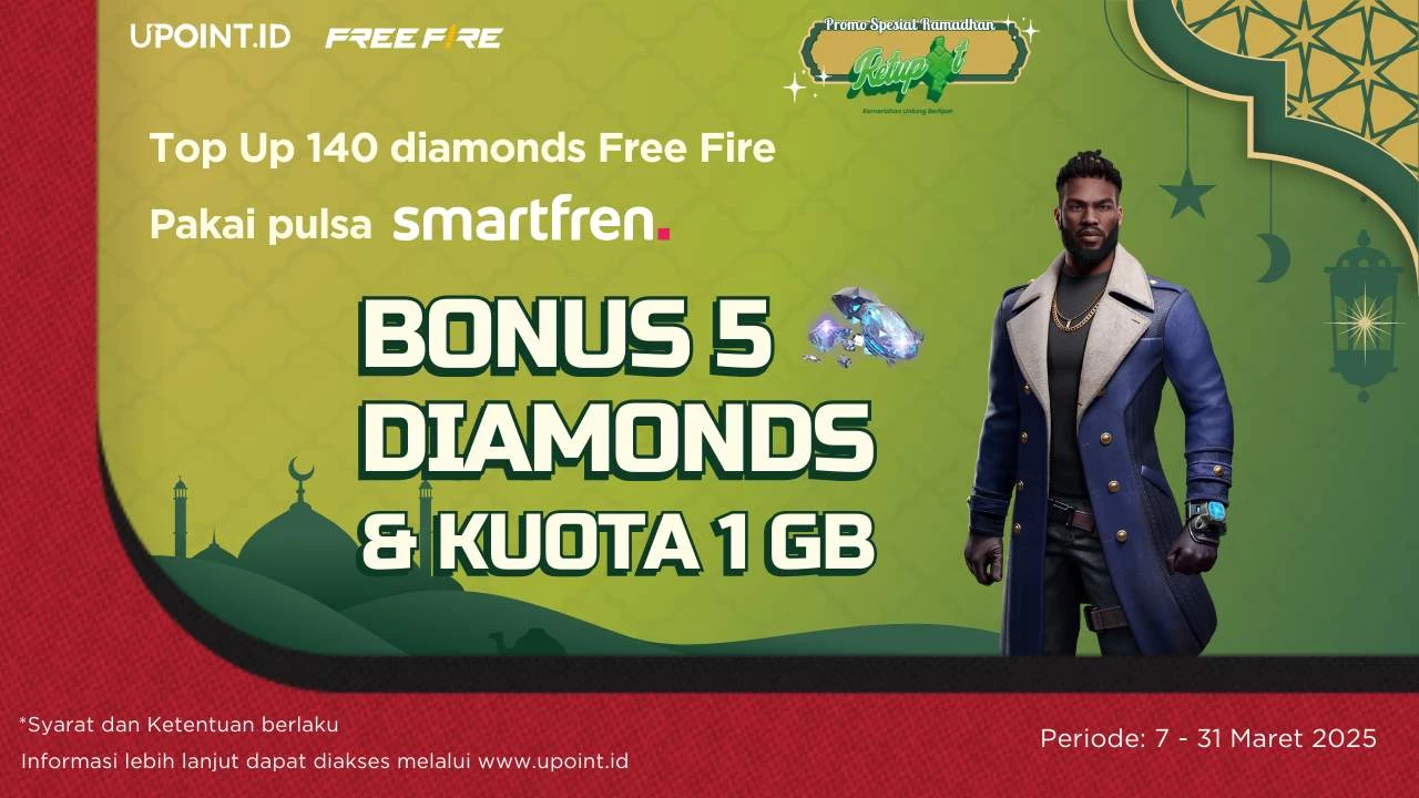 Promo Ramadhan dan Idul Fitri: Dapatkan Bonus 5 Diamonds Plus 1 GB Kuota Internet Smartfren Setiap Pembelian 140 Diamonds Free Fire menggunakan pulsa Smartfren atau MainBro di UPOINT.ID!