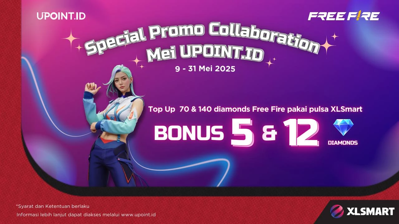 Promo UPOINT.ID: Dapatkan Bonus 5 atau 12 Diamonds Setiap Pembelian 70 atau 140 Diamonds Free Fire menggunakan pulsa XLSmart atau XLStore di UPOINT.ID!