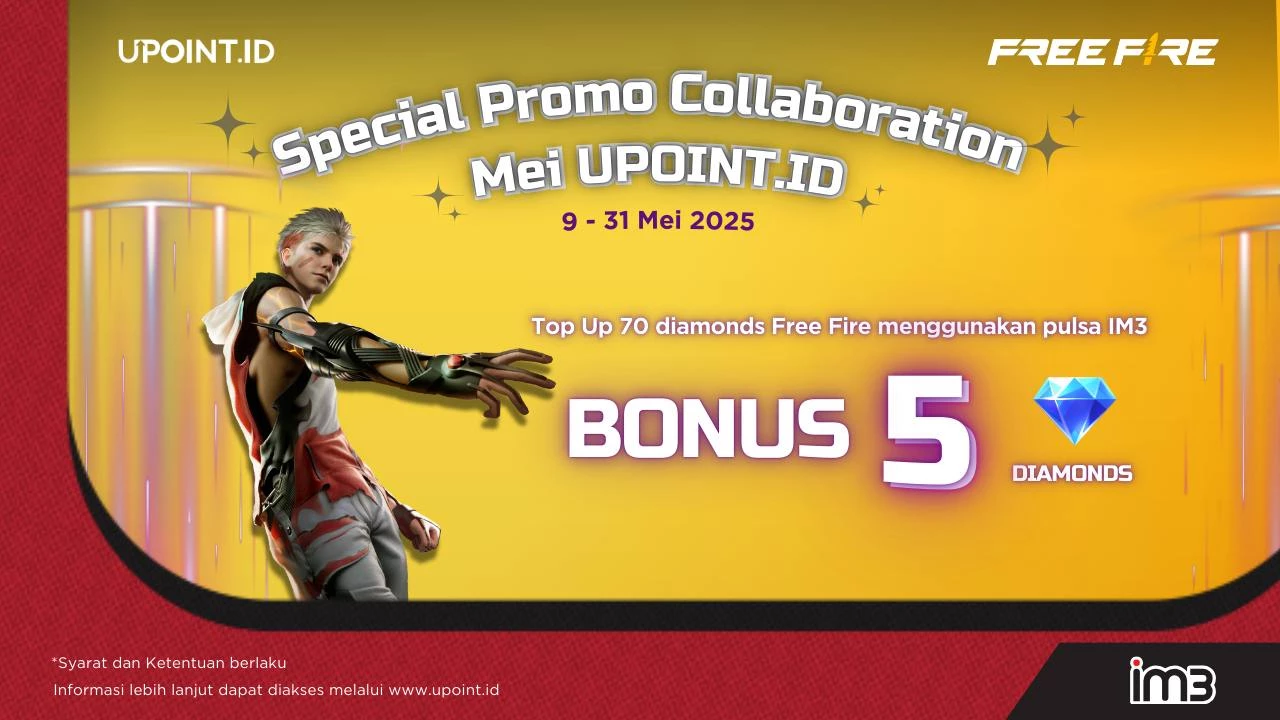 Promo UPOINT.ID: Dapatkan Bonus 5 Diamonds Setiap Pembelian 70 Diamonds Free Fire menggunakan pulsa Indosat atau myIM3 di UPOINT.ID!