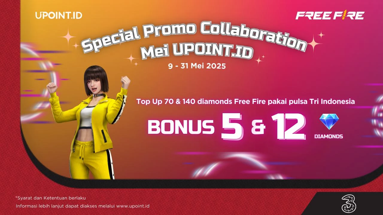 Promo UPOINT.ID: Dapatkan Bonus 5 atau 12 Diamonds Setiap Pembelian 70 atau 140 Diamonds Free Fire menggunakan pulsa Tri atau H3ROStore di UPOINT.ID!