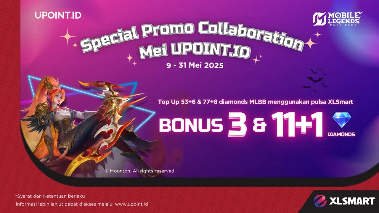 Promo UPOINT.ID: Dapatkan Bonus 3 atau 11+1 Diamodns Setiap Pembelian 53+6 atau 77+8 Diamonds Mobile Legends menggunakan pulsa XLSmart atau XLStore di UPOINT.ID!