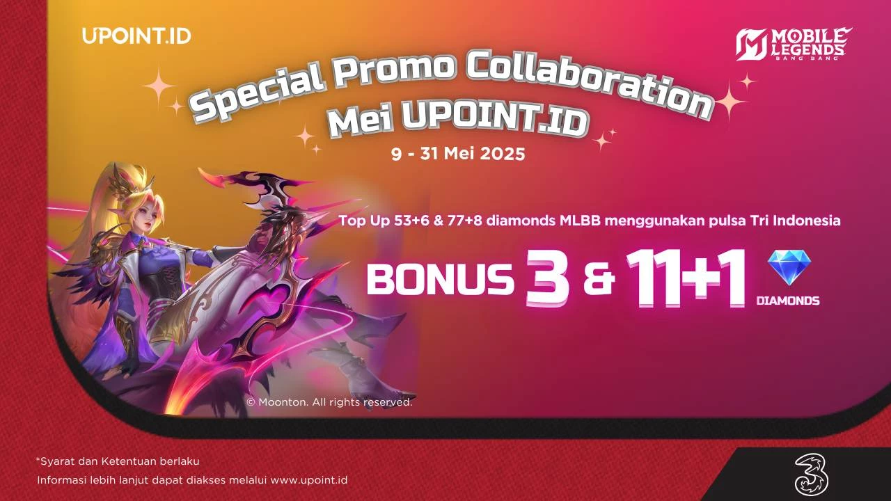 Promo UPOINT.ID: Dapatkan Bonus 3 dan 11+1 Diamonds Setiap Pembelian 53+6 atau 77+8 Diamonds Mobile Legends menggunakan pulsa Tri atau H3ROStore di UPOINT.ID!