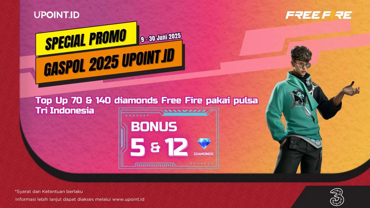 Promo UPOINT.ID: Dapatkan Bonus 5 atau 12 Diamonds Setiap Pembelian 70 atau 140 Diamonds Free Fire menggunakan pulsa Tri atau H3ROStore di UPOINT.ID!