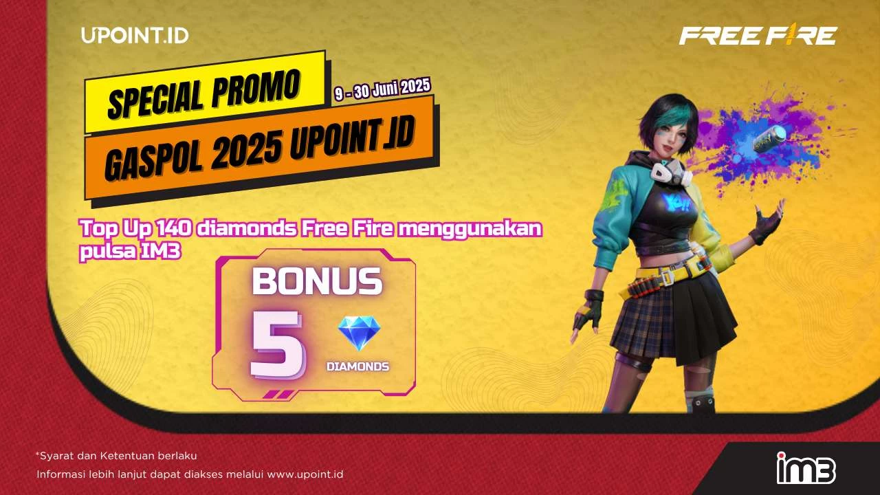 Promo UPOINT.ID: Dapatkan Bonus 5 Diamonds Setiap Pembelian 140 Diamonds Free Fire menggunakan pulsa Indosat atau myIM3 di UPOINT.ID!