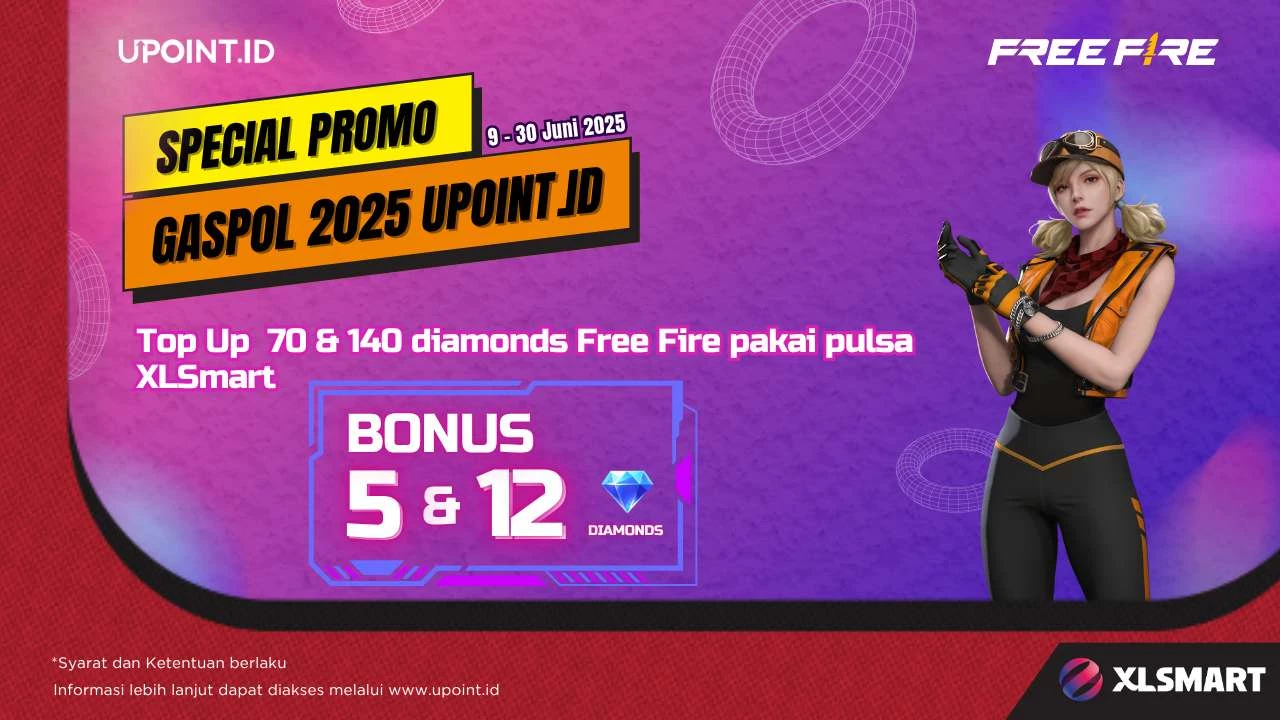 Promo UPOINT.ID: Dapatkan Bonus 5 atau 12 Diamonds Setiap Pembelian 70 atau 140 Diamonds Free Fire menggunakan pulsa XLSMART atau XLStore di UPOINT.ID!