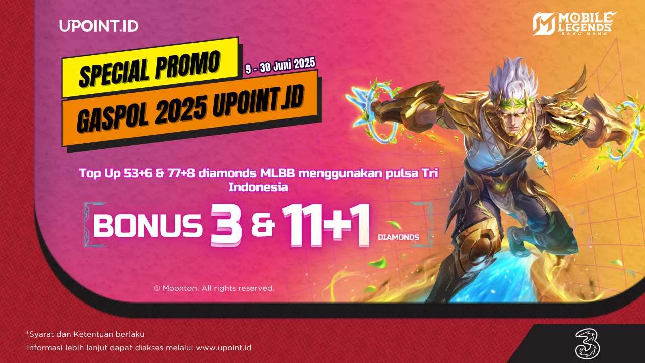 Promo UPOINT.ID: Dapatkan Bonus 3 dan 11+1 Diamonds Setiap Pembelian 53+6 atau 77+8 Diamonds Mobile Legends menggunakan pulsa Tri atau H3ROStore di UPOINT.ID!