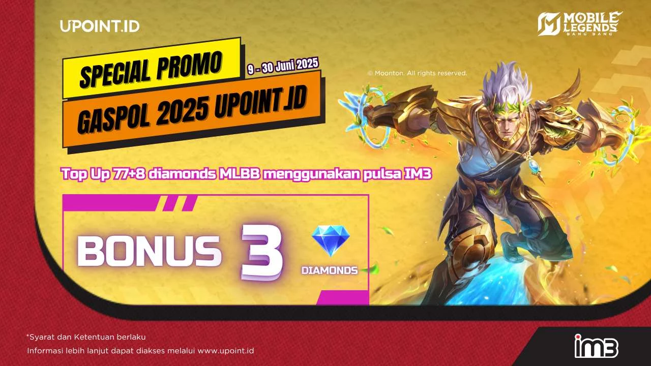 Promo UPOINT.ID: Dapatkan Bonus 3 Diamonds Setiap Pembelian 77+8 Diamonds Mobile Legends menggunakan pulsa Indosat atau myIM3 di UPOINT.ID!