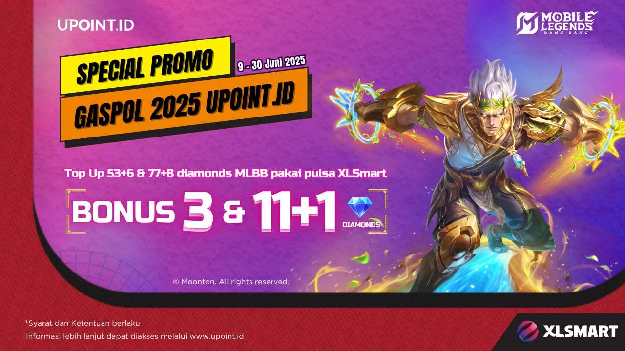 Promo UPOINT.ID: Dapatkan Bonus 3 atau 11+1 Diamodns Setiap Pembelian 53+6 atau 77+8 Diamonds Mobile Legends menggunakan pulsa XL/AXIS atau XLStore di UPOINT.ID!