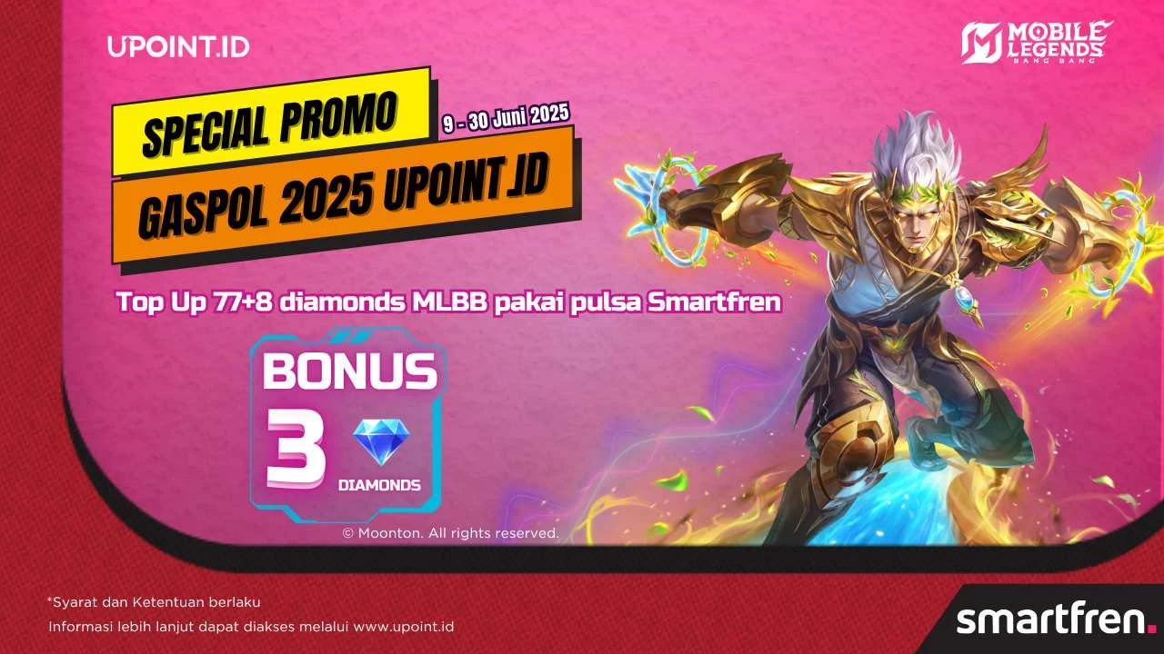 Promo UPOINT.ID: Dapatkan Bonus 3 Diamonds Plus 2 GB Kuota Internet Smartfren Setiap Pembelian 77+8 Diamonds Mobile Legends menggunakan pulsa Smartfren atau MainBro di UPOINT.ID!
