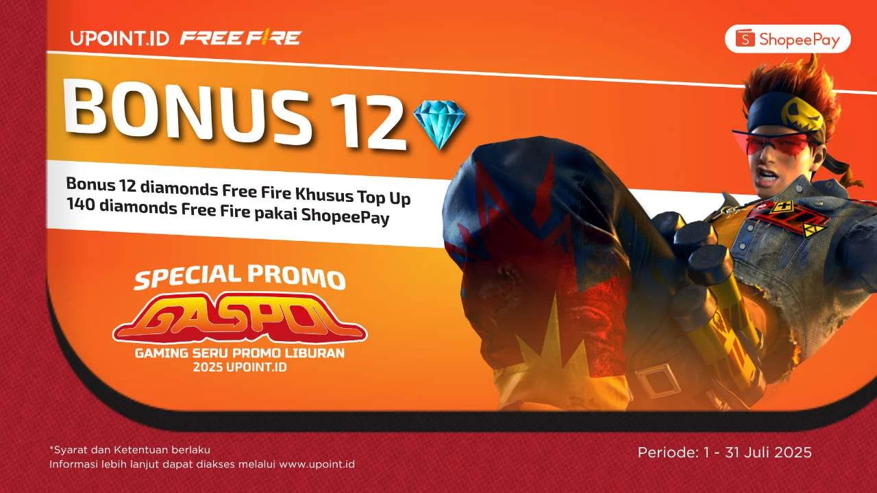 Promo Top Up Free Fire Pakai Shopeepay di UPOINT.ID, Langsung Dapat Bonus 12 Diamonds!