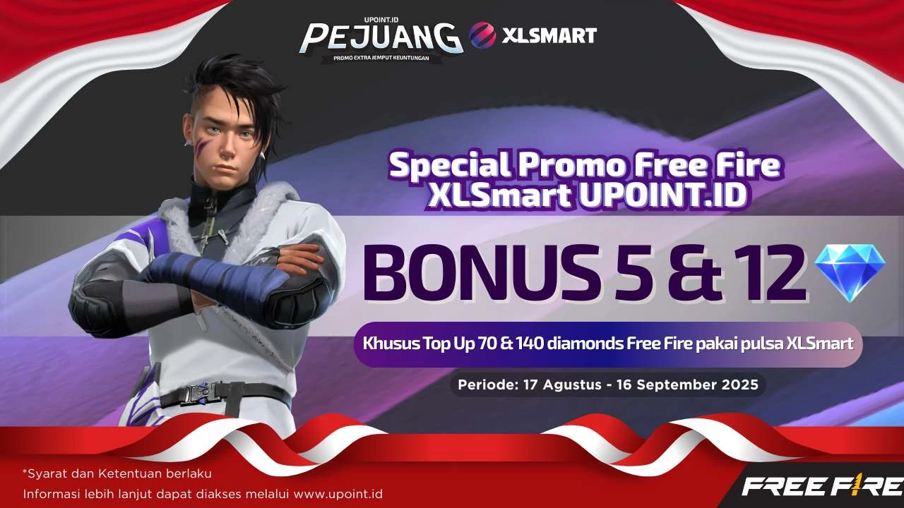 Dapatkan Bonus 5 atau 12 Diamonds Setiap Pembelian 70 atau 140 Diamonds Free Fire menggunakan pulsa XLSmart di UPOINT.ID!