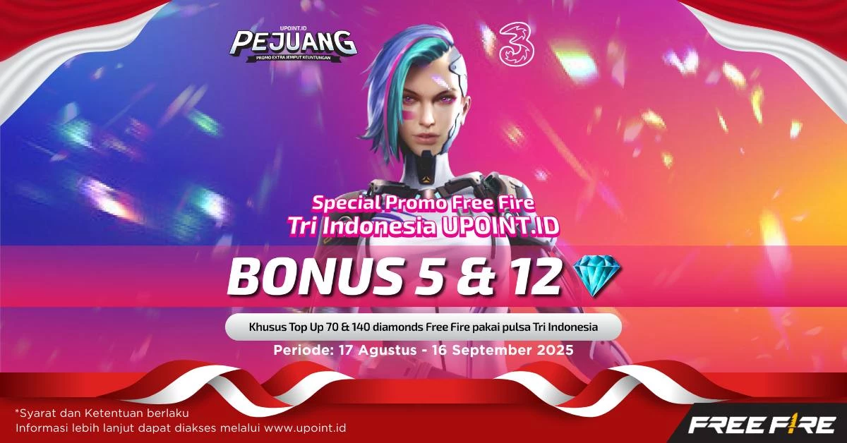 Dapatkan Bonus 5 atau 12 Diamonds Setiap Pembelian 70 atau 140 Diamonds Free Fire Plus Kuota Internet Tri 1 GB menggunakan pulsa Tri atau H3ROStore di UPOINT.ID!