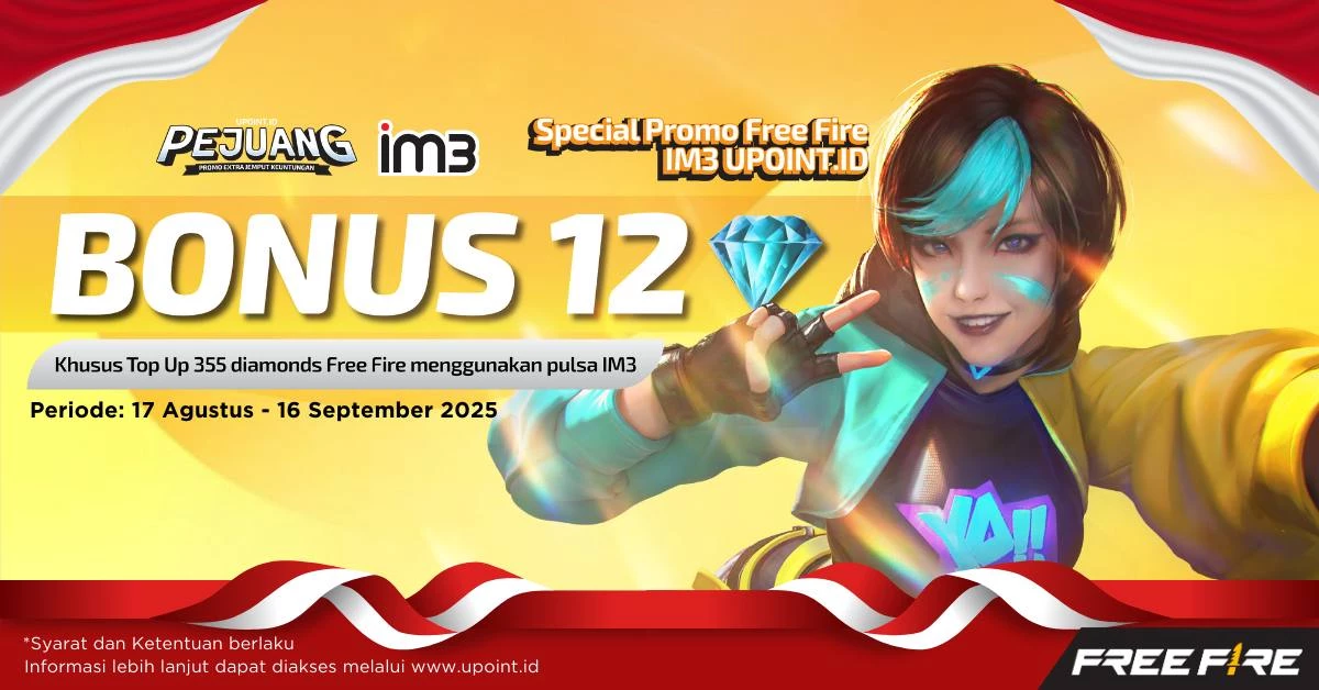 Dapatkan Bonus 12 Diamonds Setiap Pembelian 355 Diamonds Free Fire menggunakan pulsa Indosat atau myIM3 di UPOINT.ID!