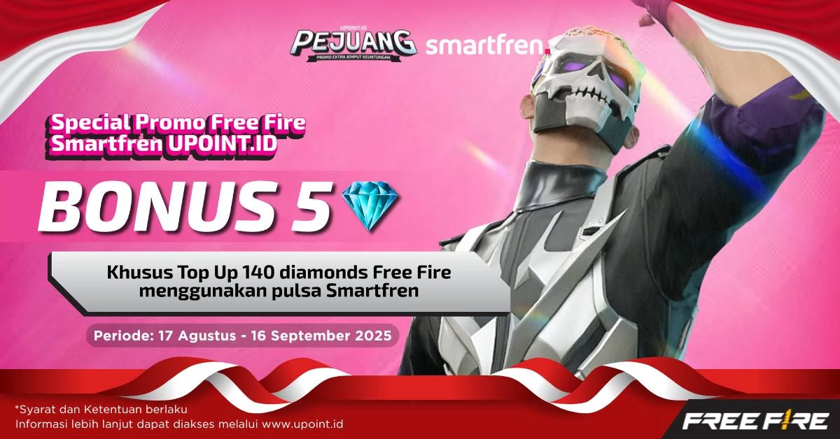 Dapatkan Bonus 5 Diamonds Setiap Pembelian 140 Diamonds Free Fire Plus Kuota Internet Smartfren 1 GB menggunakan pulsa Smartfren atau MainBro di UPOINT.ID!