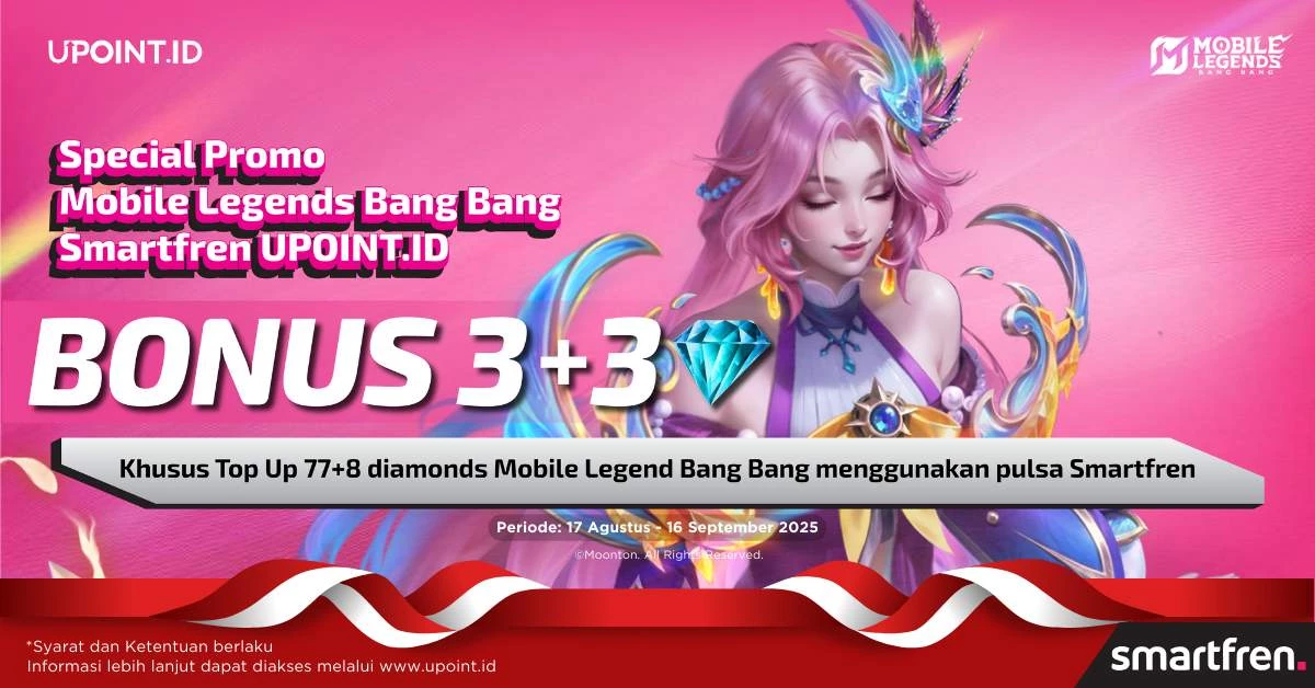 Dapatkan Bonus 3+3 Diamonds Setiap Pembelian 77+8 Diamonds Mobile Legends Plus Kuota Internet Smartfren 2 GB menggunakan pulsa Smartfren atau MainBro di UPOINT.ID!