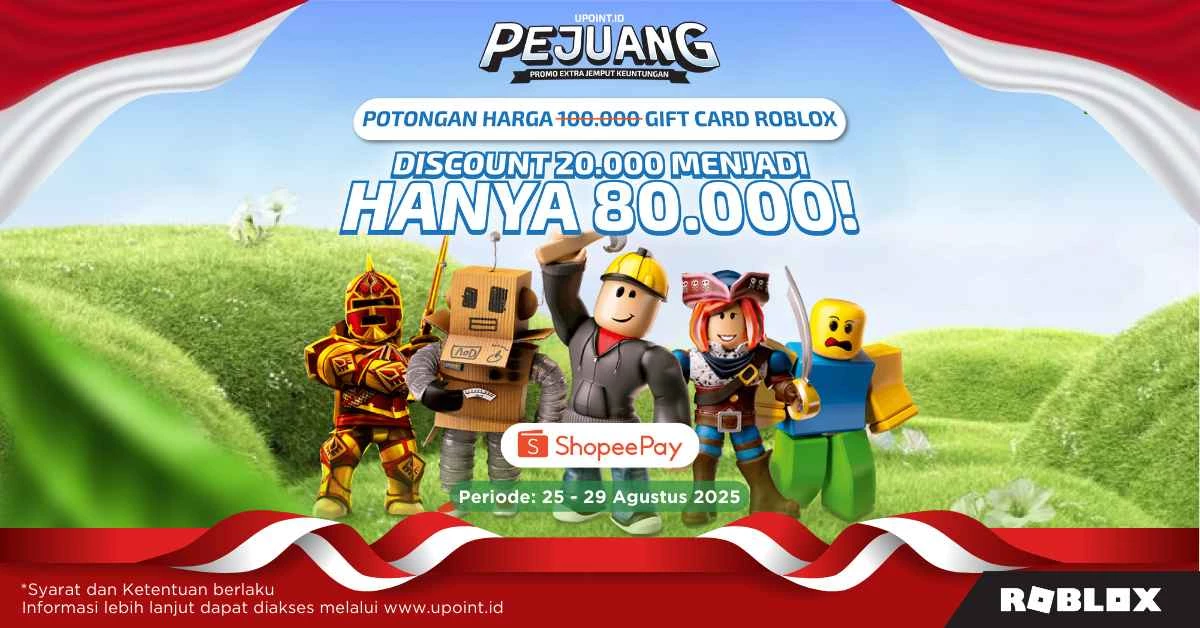 Beli Gift Card Roblox Lebih Hemat Rp20.000 Pakai ShopeePay di UPOINT.ID Khusu 100.000 Gift Card Roblox!