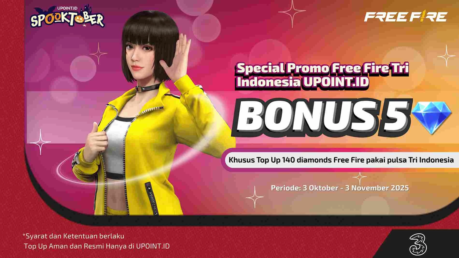 Dapatkan Bonus 5 Diamonds Plus 1 GB Kuota Internet Tri setiap Pembelian 140 Diamonds menggunakan Pulsa Tri atau H3ROStore untuk Games Free Fire di UPOINT.ID!
