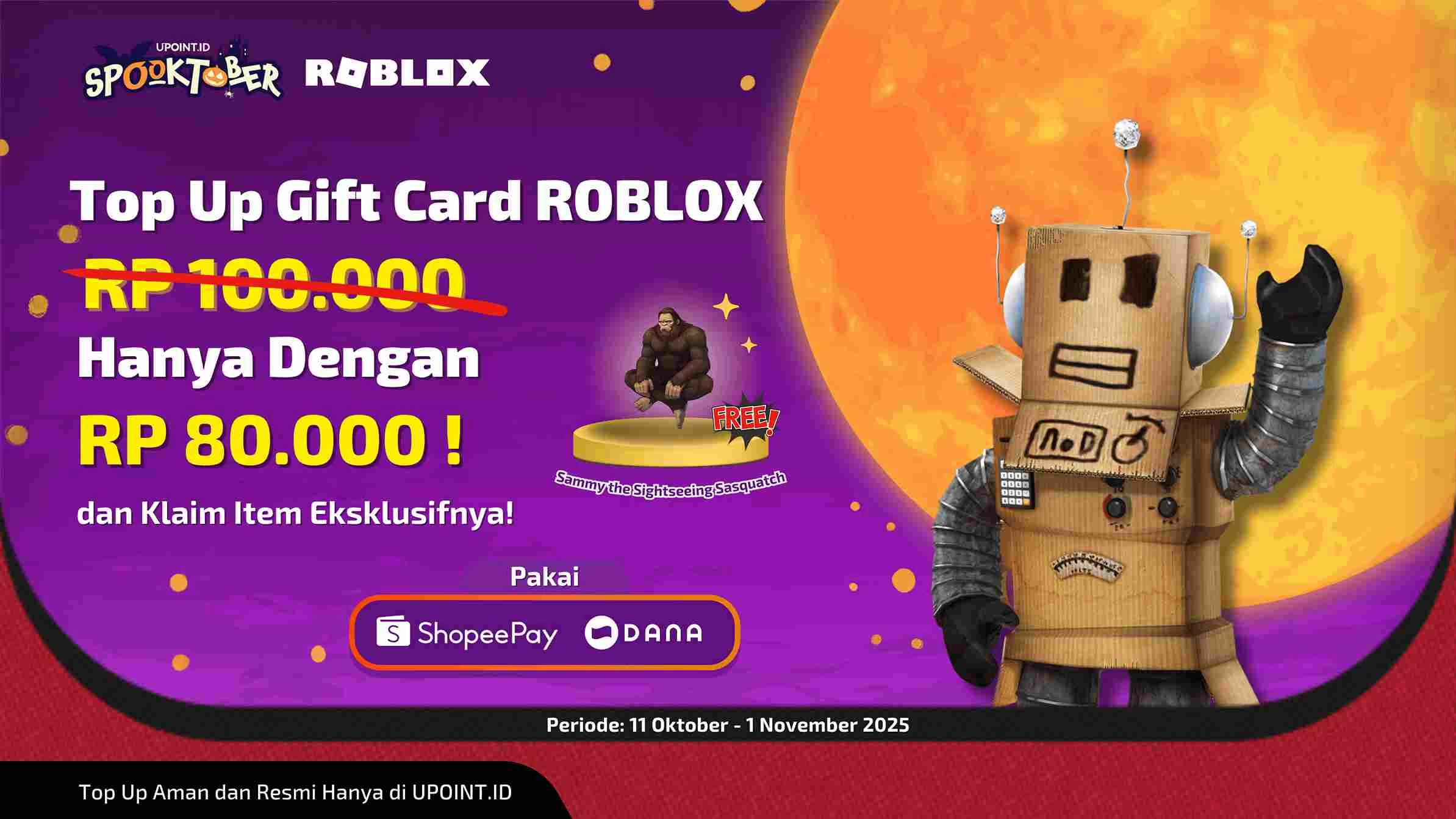 Serbu Diskon Rp20.000! Top Up Roblox Gift Card di UPOINT.ID Pakai ShopeePay & DANA di Spooktober ini!