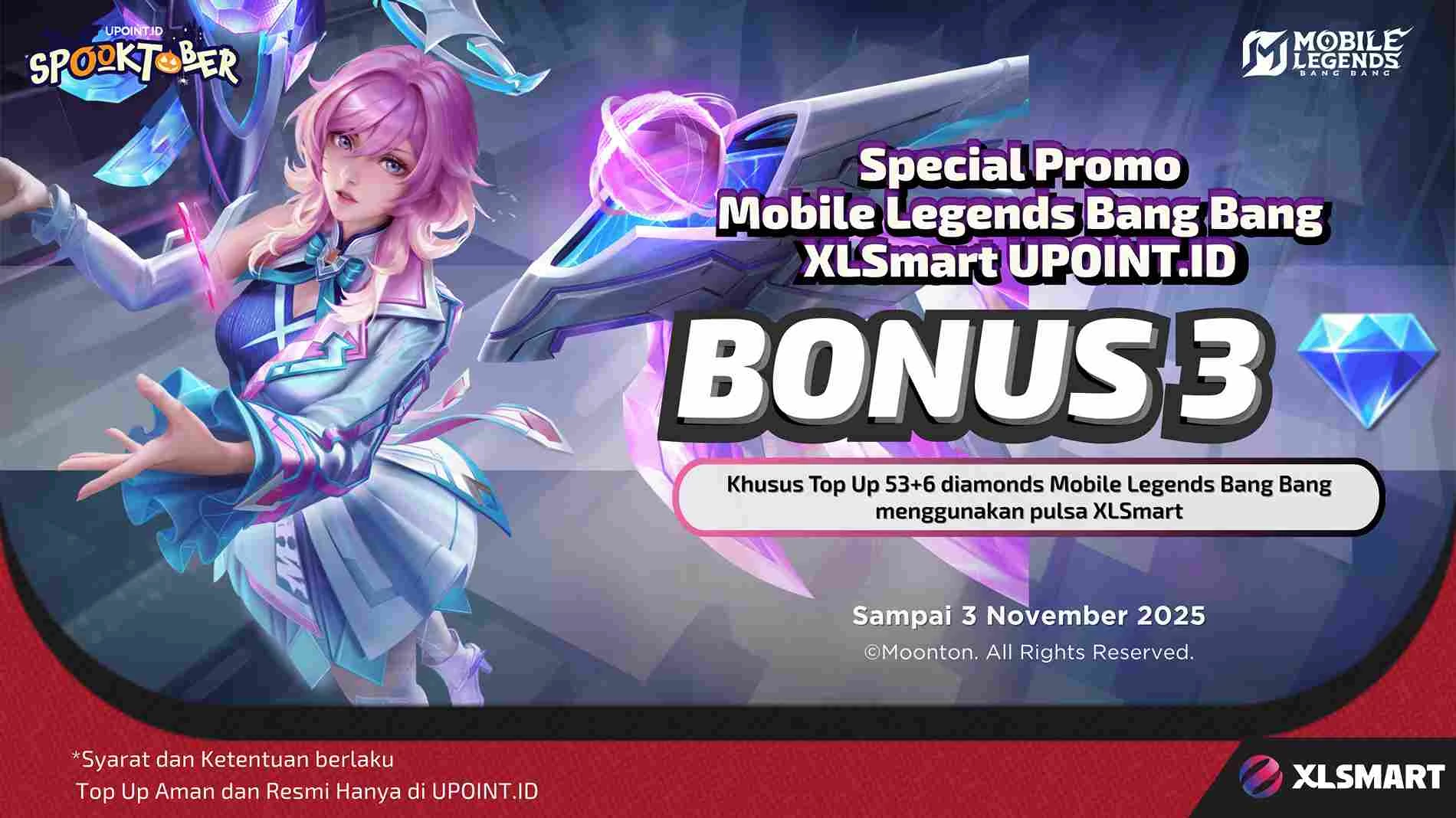 Dapatkan Bonus 3 Diamonds setiap Pembelian 53+6 Diamonds menggunakan Pulsa XL/Axis untuk Games Mobile Legends di UPOINT.ID!