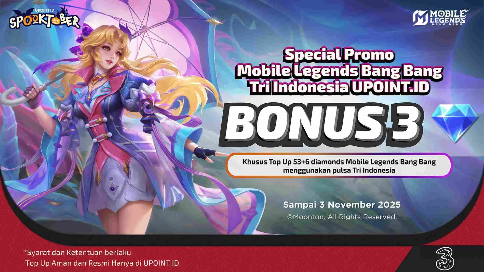 Dapatkan Bonus 3 Diamonds Plus 1 GB Kuota Internet Tri setiap Pembelian 53+6 Diamonds menggunakan Pulsa Tri atau H3ROStore untuk Games Mobile Legends di UPOINT.ID!