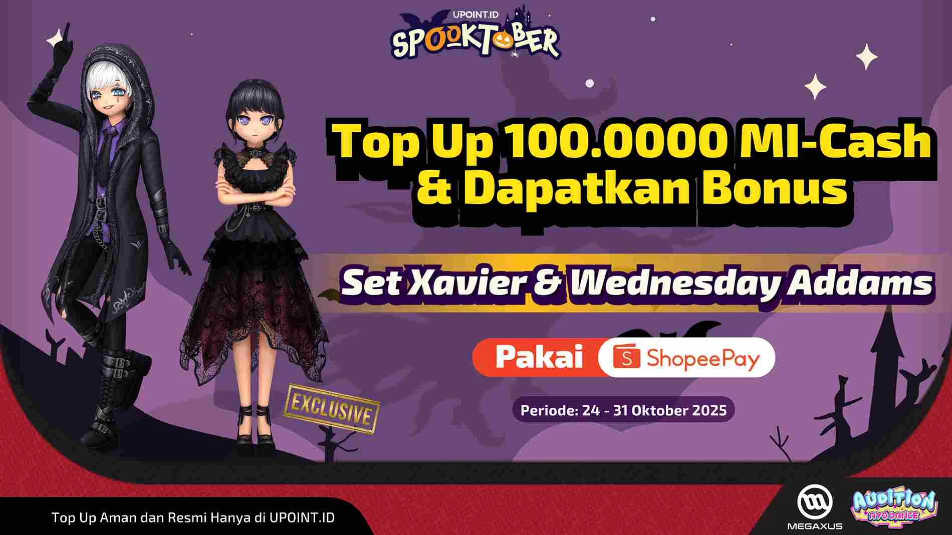Dapatkan Bonus item Set Exclusive Xavier & Wednesday Addams 30 hari Setiap Pembelian Denom 100.000 MI-Cash untuk Game AyoDance menggunakan ShopeePay di UPOINT.ID!