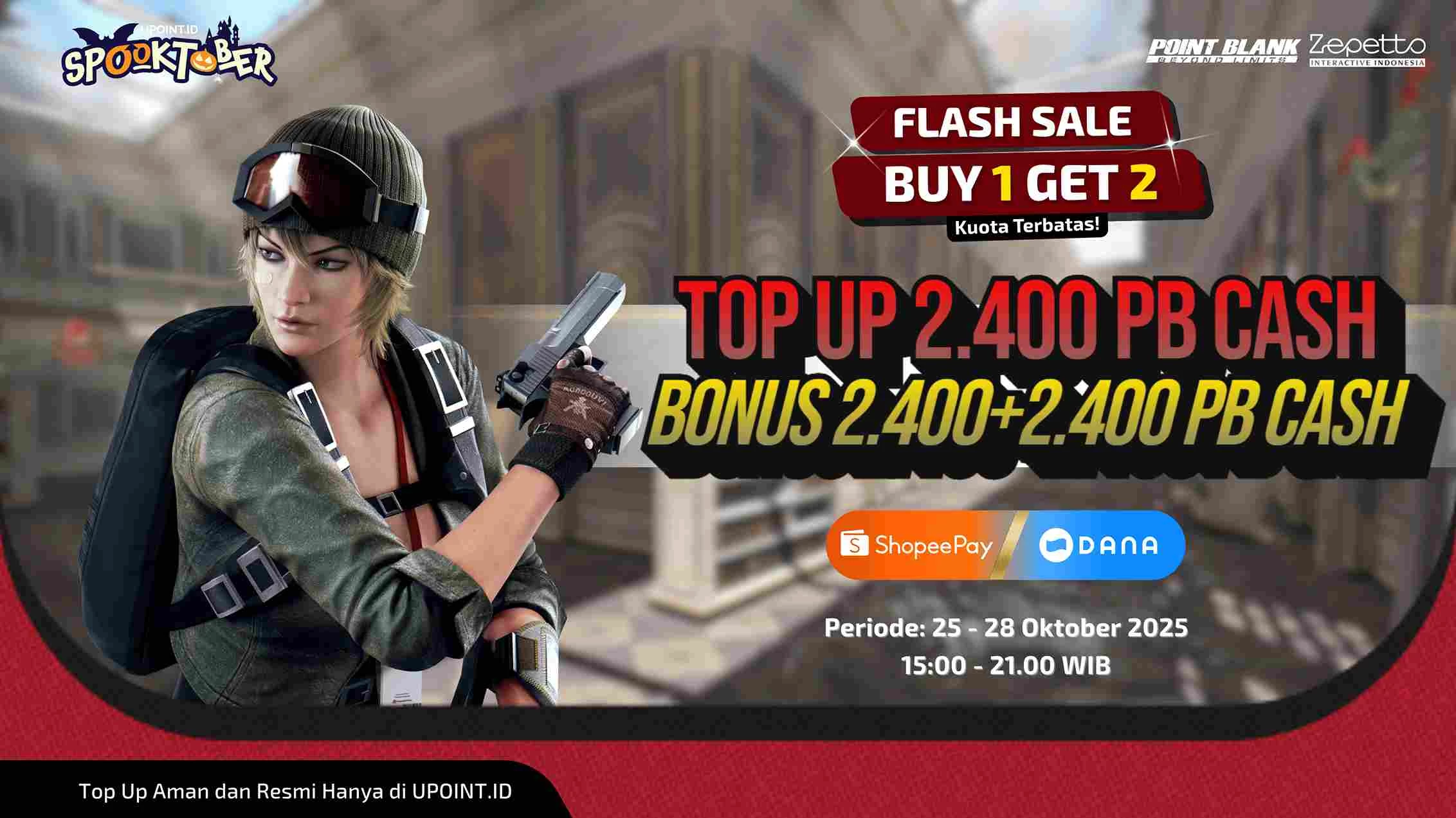 Buy 1 Get 2! Dapatkan Bonus 2.400 + 2.400 PB Cash Setiap Pembelian Denom 2.400 PB Cash untuk Game Point Blank menggunakan ShopeePay atau DANA di UPOINT.ID!