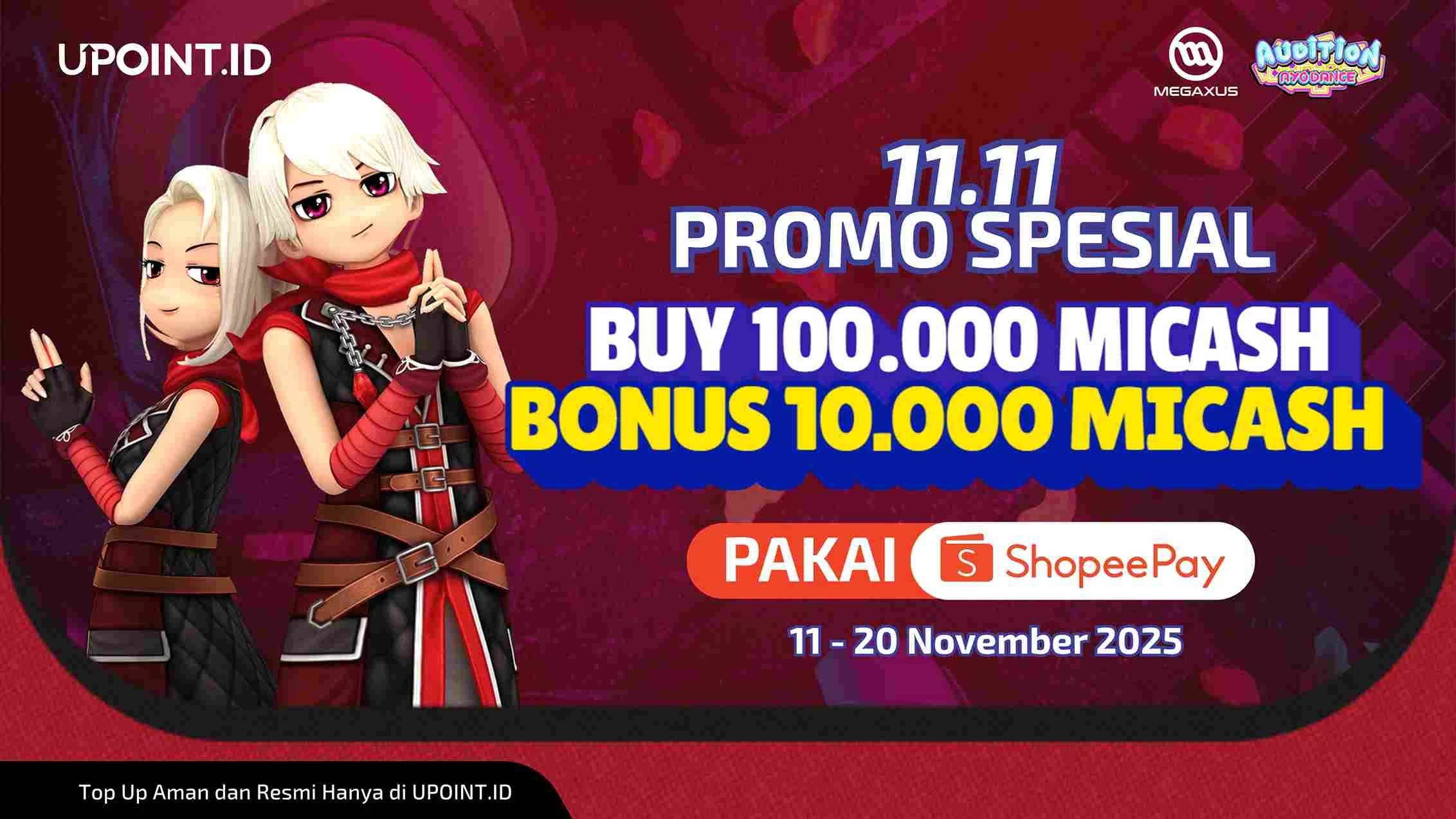 Promo 11.11! Top Up MI-Cash Megaxus Dapat Bonus 10.000 MI-Cash Tambahan! Khusus Pembayaran via ShopeePay di UPOINT.ID