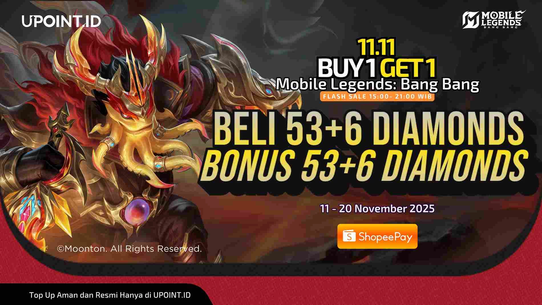 Promo 11.11! Top Up 53+6 Diamonds Mobile Legends Dapat Bonus Tambahan! Khusus Pembayaran via ShopeePay di UPOINT.ID