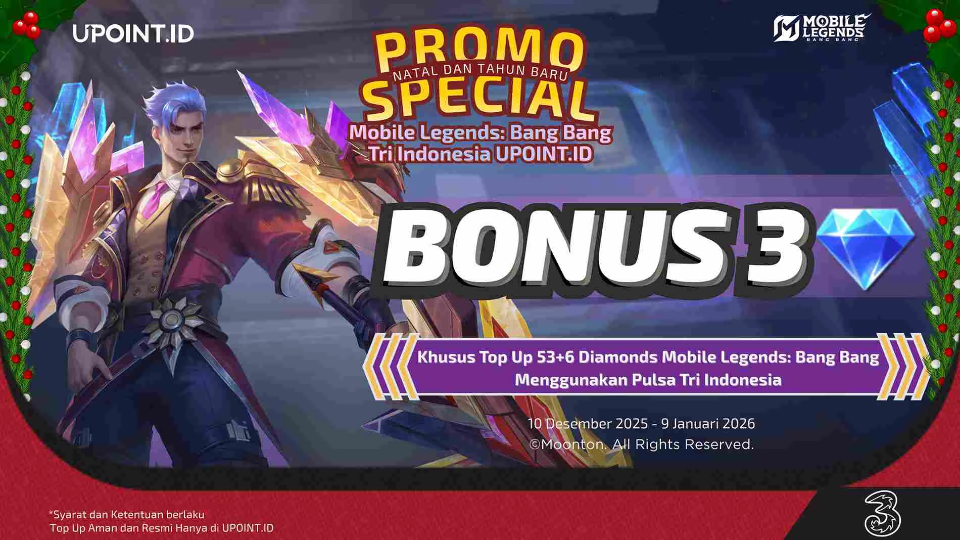 Cuma Modal 22 Ribu! Top Up MLBB Pakai Tri di UPOINT.ID, Bonus Diamond Plus Kuota Internet 1GB!