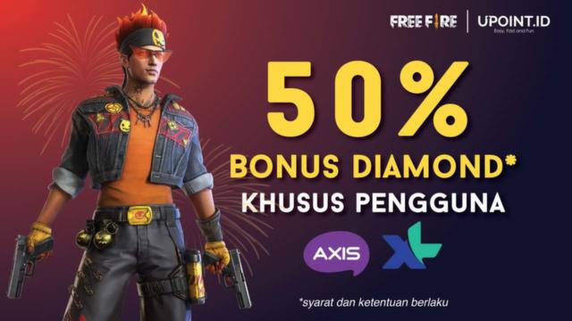 PROMO TAHUN BARU! Bonus 50%* Diamond Free Fire Khusus Pengguna XL dan Axis